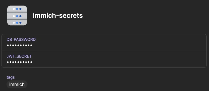 A 1Password item with multiple secrets and a single tag